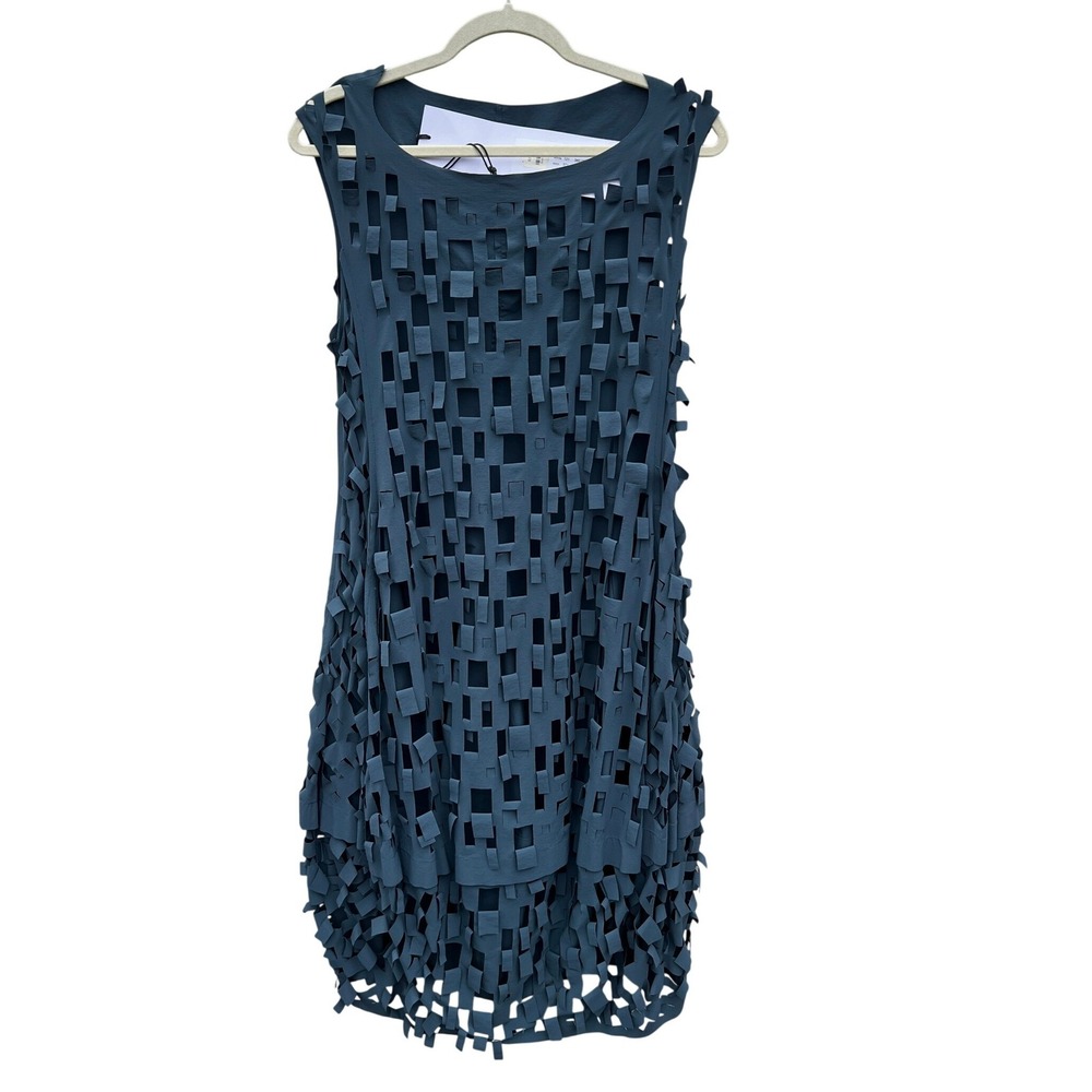 NWT Rundholz Black Label Laser Cut Geometric Dress Plum Print Teal Blue Small